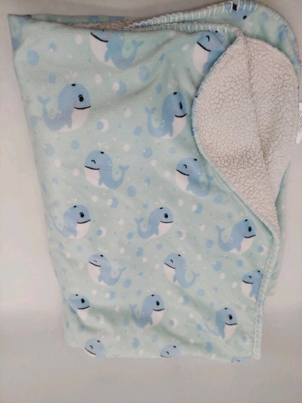Mon Lapin Baby Blanket Blue Green Whale White Sherpa Security Lovey 28x39